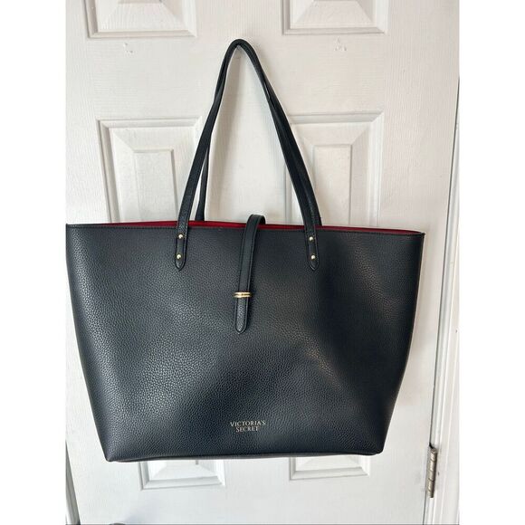 Victoria's Secret Black Faux Leather Large Tote Bag w/ Red Lining XOXO Bag - Picture 1 of 5